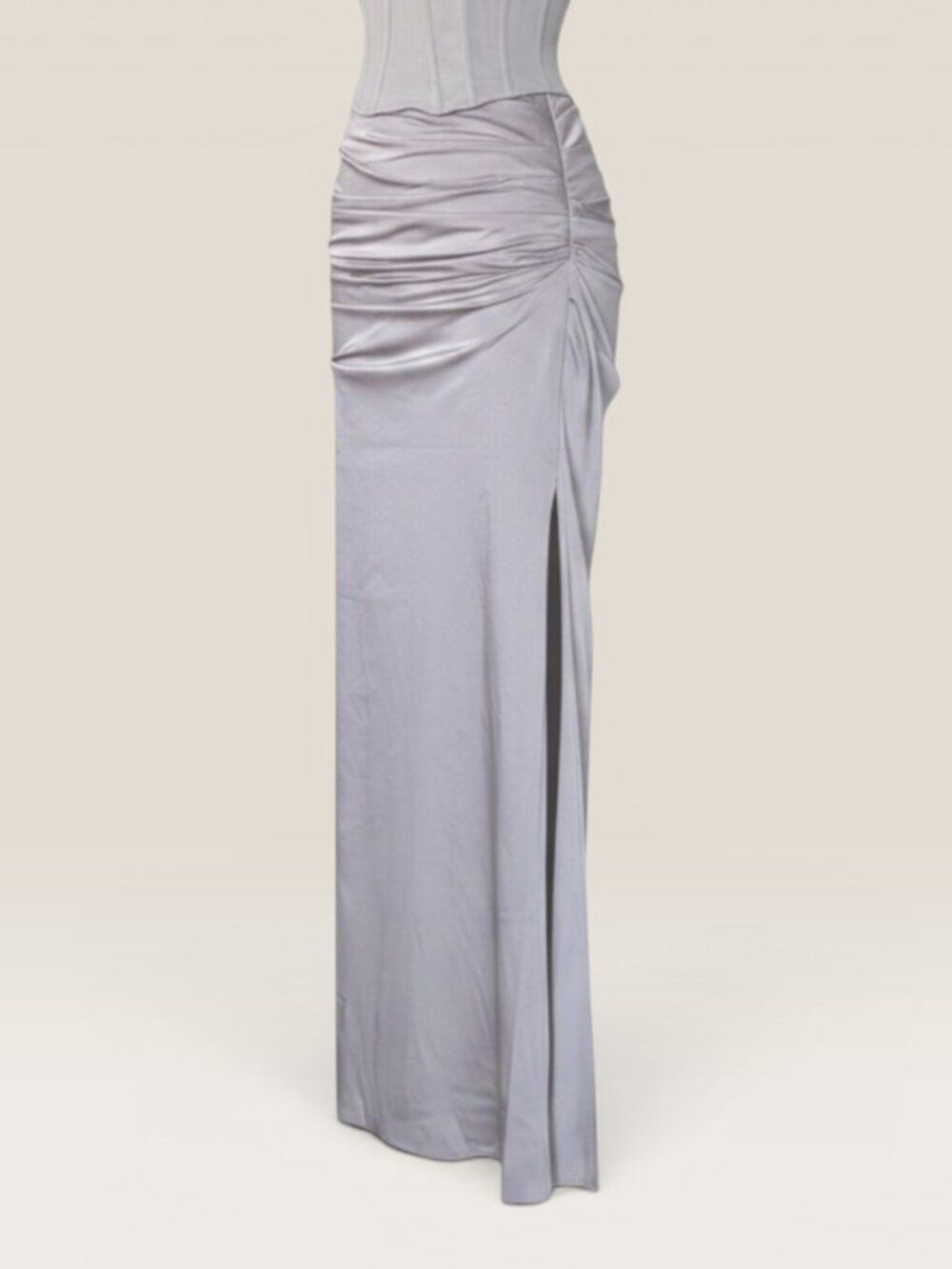 House of CB Jia Silver Pewter Satin Maxi Skirt High Slit Formal XS